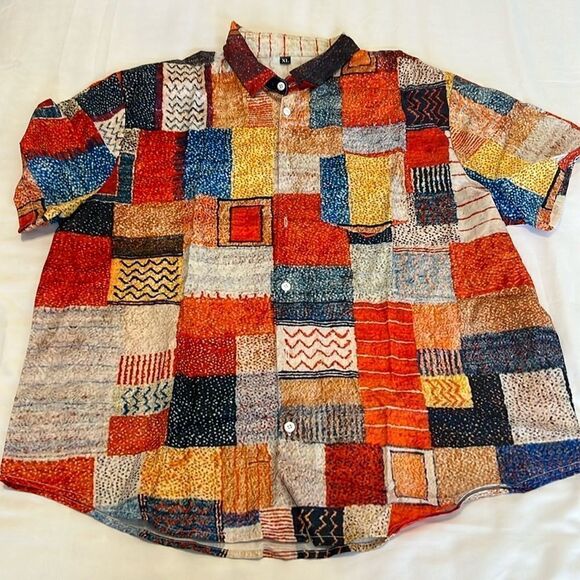Men’s size XL unbranded multi colored short sleeve button front shirt NWOT - Picture 3 of 6